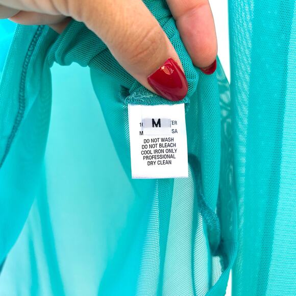 Amir Taghi Sheer Mesh Long Sleeve Top Teal Mock Neck Turquoise Medium Shirt - Picture 7 of 9